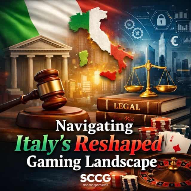 Navigating Italy’s reshaped gaming landscape shown through legal symbols, gaming elements, and a map of Italy representing regulatory change