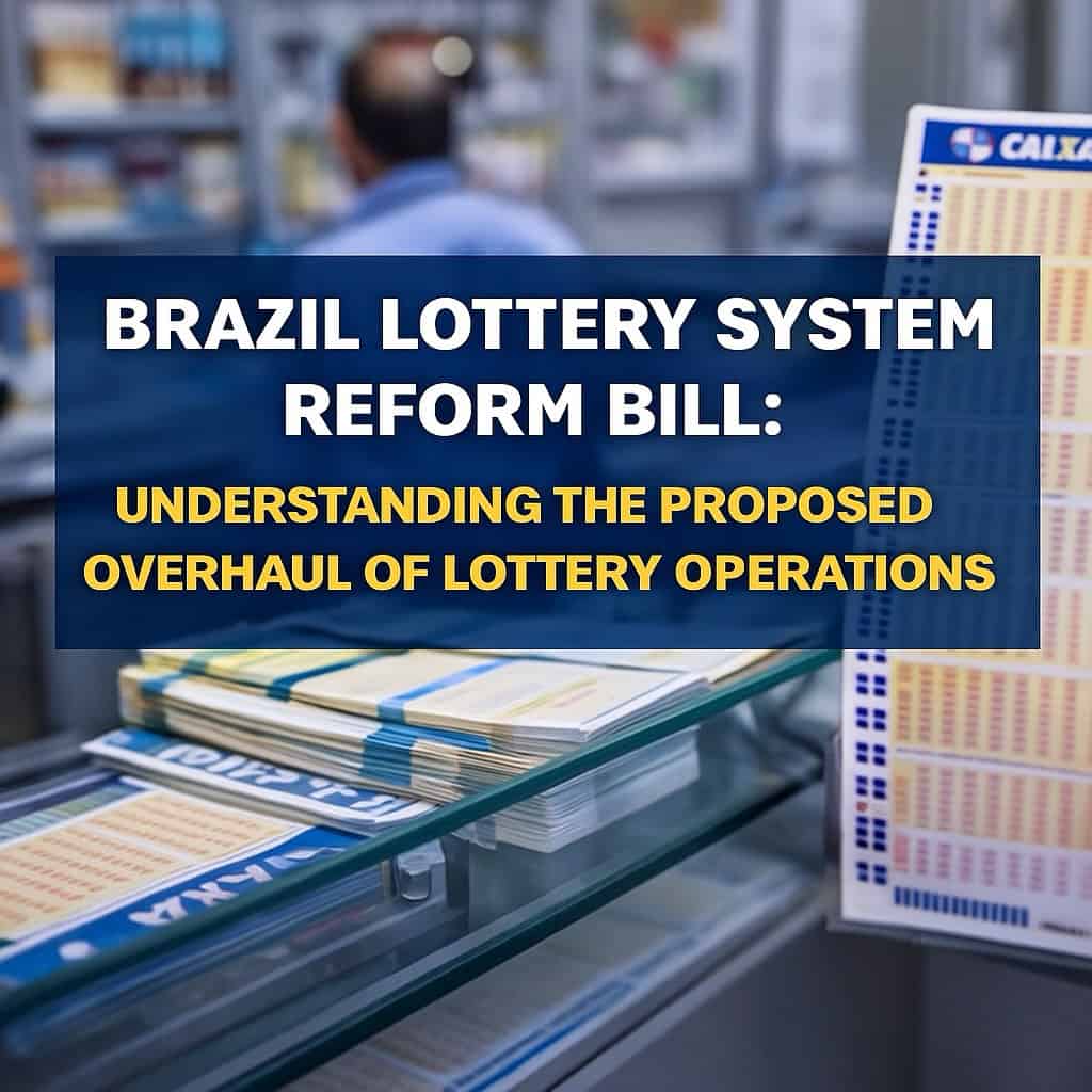 Square cover image featuring the title “Brazil Lottery System Reform Bill: Understanding the Proposed Overhaul of Lottery Operations” over a blurred background of lottery tickets and a retail counter, representing the article’s focus on changes to Brazil’s lottery system.