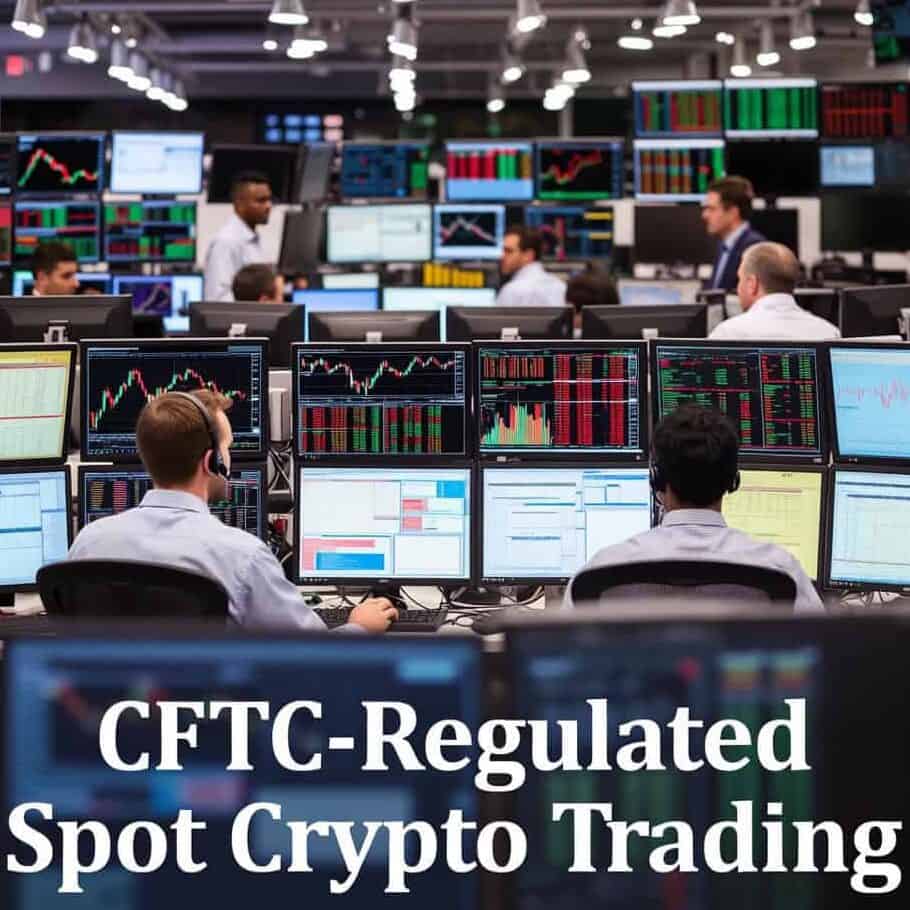 A busy financial trading floor filled with traders wearing headsets, facing multiple large monitors displaying colorful candlestick charts, order books, and real-time market data in green and red. In the lower third of the image, bold white serif text on a dark overlay reads: “CFTC-Regulated Spot Crypto Trading”.