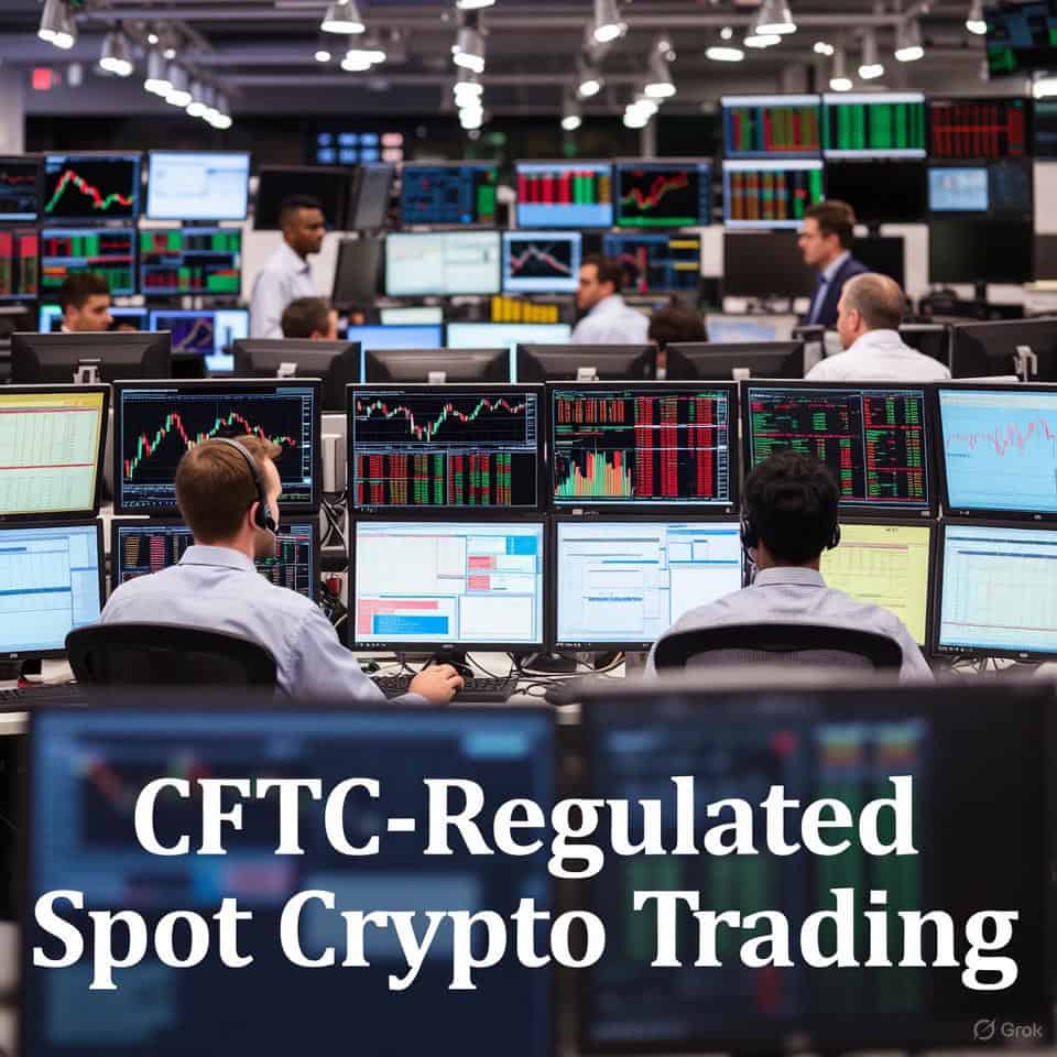 A busy financial trading floor filled with traders wearing headsets, facing multiple large monitors displaying colorful candlestick charts, order books, and real-time market data in green and red. In the lower third of the image, bold white serif text on a dark overlay reads: “CFTC-Regulated Spot Crypto Trading”.