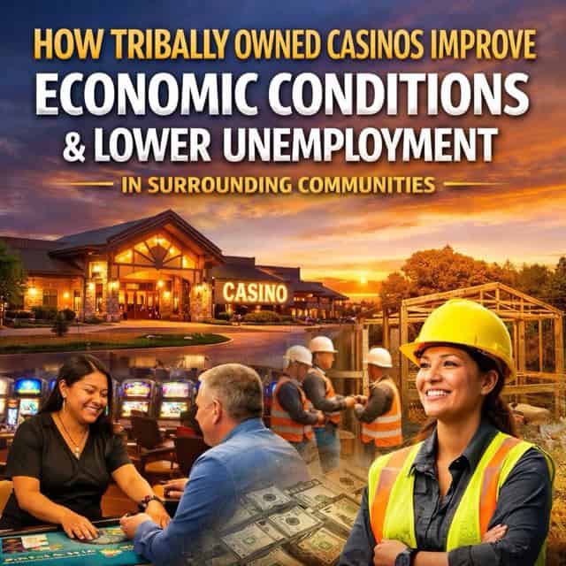Composite image showing a tribally owned casino, casino workers assisting patrons, and construction workers, symbolizing economic growth and job creation driven by tribal gaming.