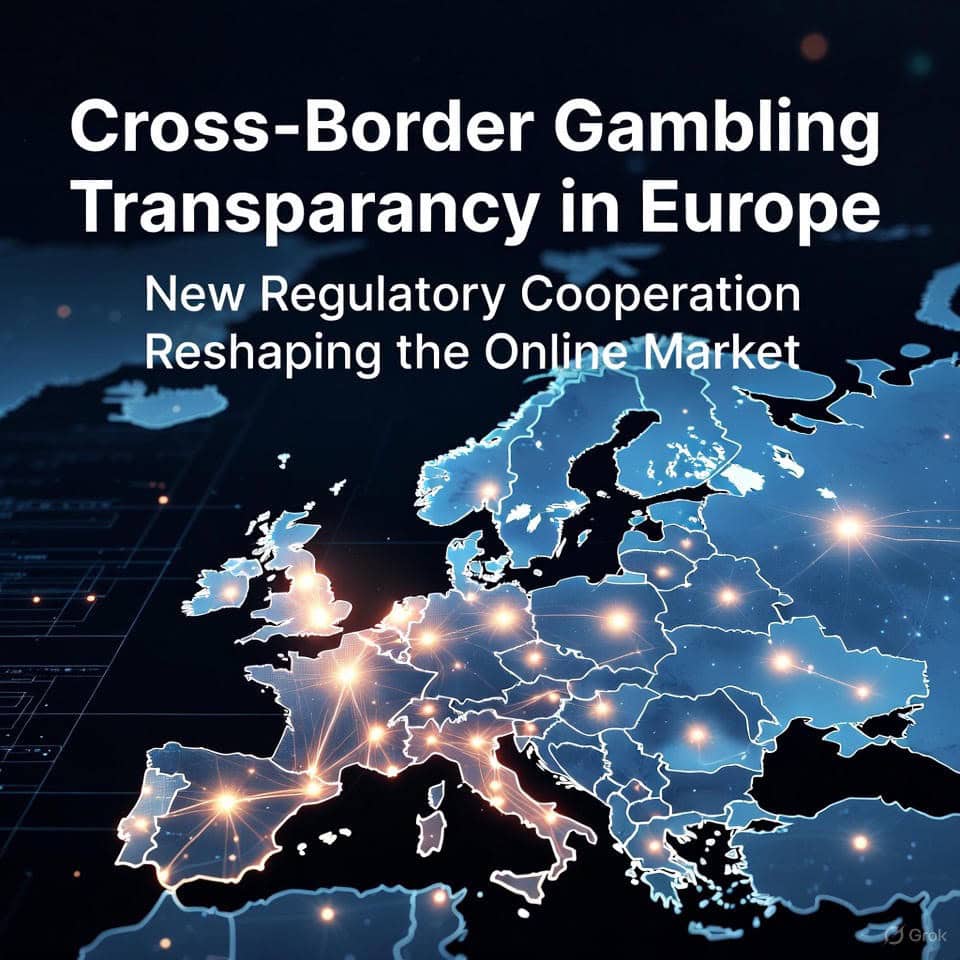 A square, high-tech digital illustration of Europe at night, rendered in glowing cyan-blue tones against a deep black background. Bright white light pulses connect major cities across borders, forming a web of regulatory cooperation. Bold white sans-serif text dominates the upper half: “Cross-Border Gambling Transparency in Europe” in large capitals, with the subtitle “New Regulatory Cooperation Reshaping the Online Market” directly below in slightly smaller font.