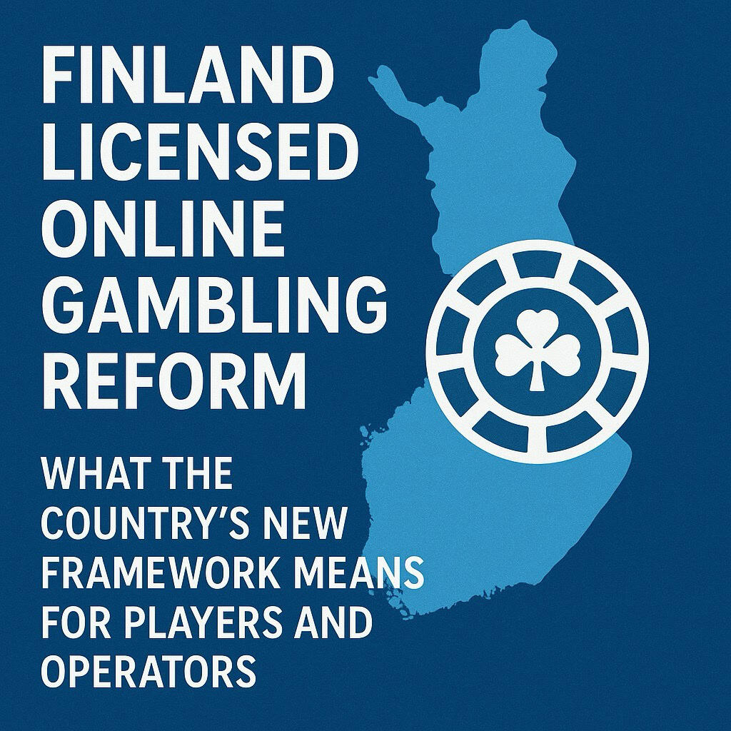 A bold graphic featuring a stylized light-blue silhouette of Finland on a dark-blue background. To the right of the map is a large white casino chip icon with a four-leaf clover in the center. Prominent white sans-serif text on the left reads: “FINLAND LICENSED ONLINE GAMBLING REFORM” in large capitals, followed below by “WHAT THE COUNTRY’S NEW FRAMEWORK MEANS FOR PLAYERS AND OPERATORS” in slightly smaller text.