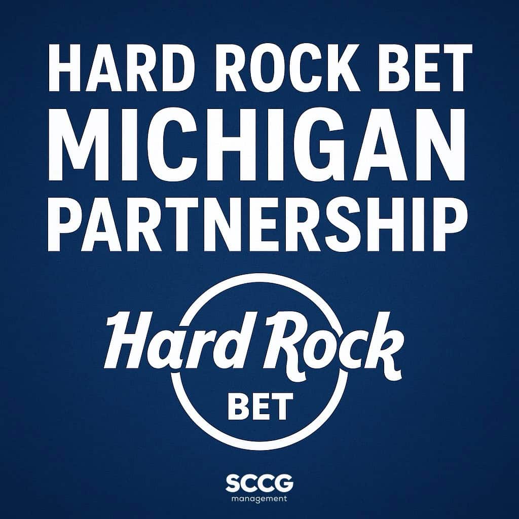 Square cover image with bold white text on a deep blue background that reads “Hard Rock Bet Michigan Partnership,” with the Hard Rock Bet logo centered below.