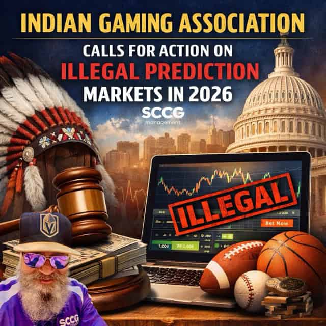 Illustration showing the U.S. Capitol, a gavel, tribal imagery, and a sports betting screen labeled illegal prediction markets in 2026