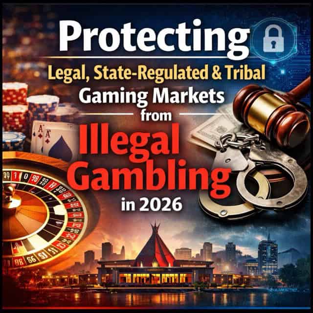 Square cover image for an article about protecting legal, state-regulated, and tribal gaming markets from illegal gambling in 2026, featuring casino chips, playing cards, a roulette wheel, a gavel, handcuffs, a digital lock, and a city skyline in the background.