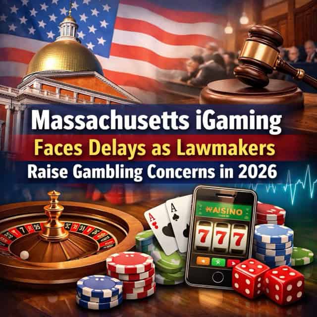 Illustration showing the Massachusetts State House, a judge’s gavel, and online casino symbols representing delays in Massachusetts iGaming legislation in 2026.
