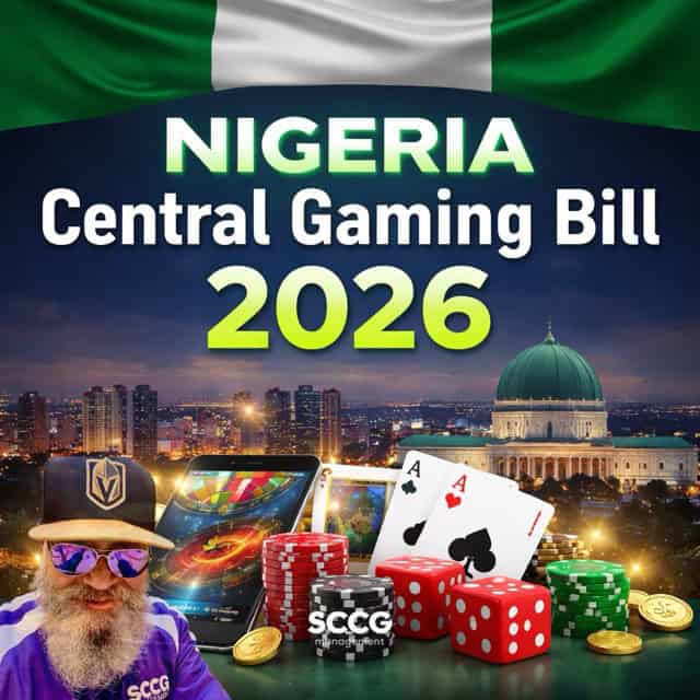 Square cover image showing the title “Nigeria Central Gaming Bill 2026” over the Nigerian flag and Abuja city skyline, with gaming elements such as poker chips, dice, playing cards, coins, and a smartphone representing online gaming.