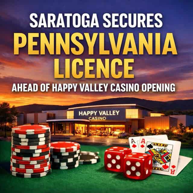 Saratoga secures Pennsylvania licence ahead of Happy Valley Casino opening, shown with a casino exterior, poker chips, dice, and playing cards at sunset.