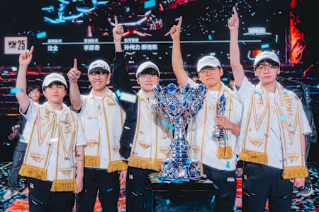 T1 celebrate onstage after being crowned champions at League of Legends Worlds 2025 Finals on November 08, 2025 in Chengdu, China.