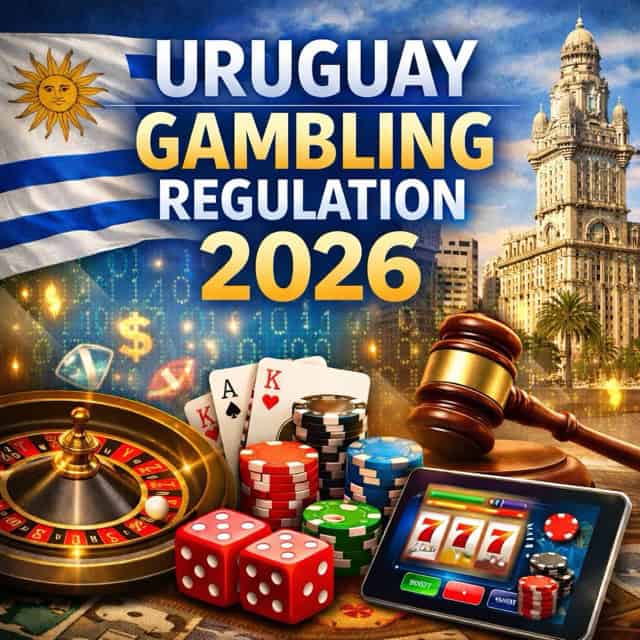 A digital illustration representing Uruguay gambling regulation in 2026, featuring a roulette wheel, poker chips, dice, playing cards, a gavel, a tablet displaying online slots, and the Montevideo skyline with the Uruguayan flag in the background.