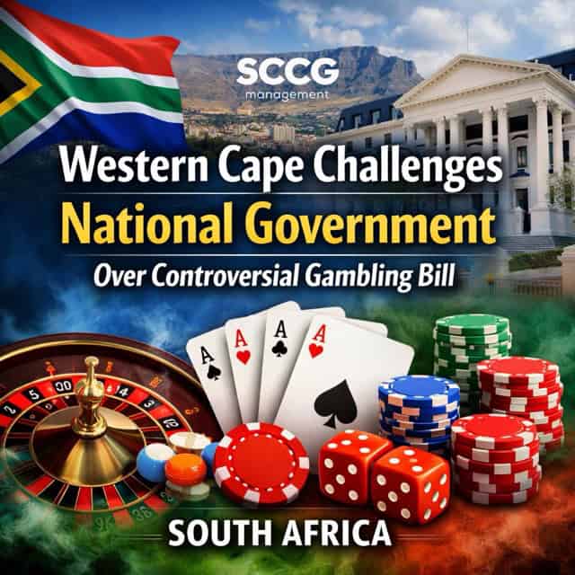Square cover image showing the Western Cape challenging the national government over a controversial gambling bill in South Africa. The image features Table Mountain, the South African flag, a government building, and gambling elements like a roulette wheel, poker chips, playing cards, and dice. Bold text reads: “Western Cape Challenges National Government Over Controversial Gambling Bill.”
