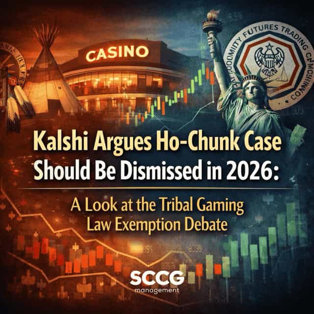 A square cover image showing a split scene: on the left, tribal and casino visuals; on the right, financial market imagery with stock charts and the Statue of Liberty. The bold title text reads “Kalshi Argues Ho-Chunk Case Should Be Dismissed in 2026: A Look at the Tribal Gaming Law Exemption Debate.”