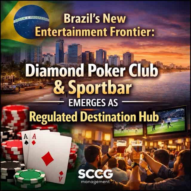 Square promotional cover image featuring a sunset beachfront skyline of João Pessoa, Brazil, overlaid with bold text announcing “Brazil’s New Entertainment Frontier: Diamond Poker Club & Sportbar Emerges as Regulated Destination Hub.” The design includes poker chips, playing cards, and a lively sports bar scene to reflect gaming and social leisure.