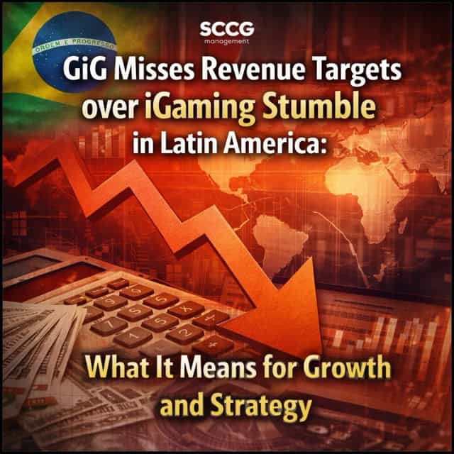 Square promotional graphic featuring the headline “GiG Misses Revenue Targets over iGaming Stumble in Latin America: What It Means for Growth and Strategy,” with a red downward arrow over a world map, Brazilian flag, financial charts, and a calculator in the background.