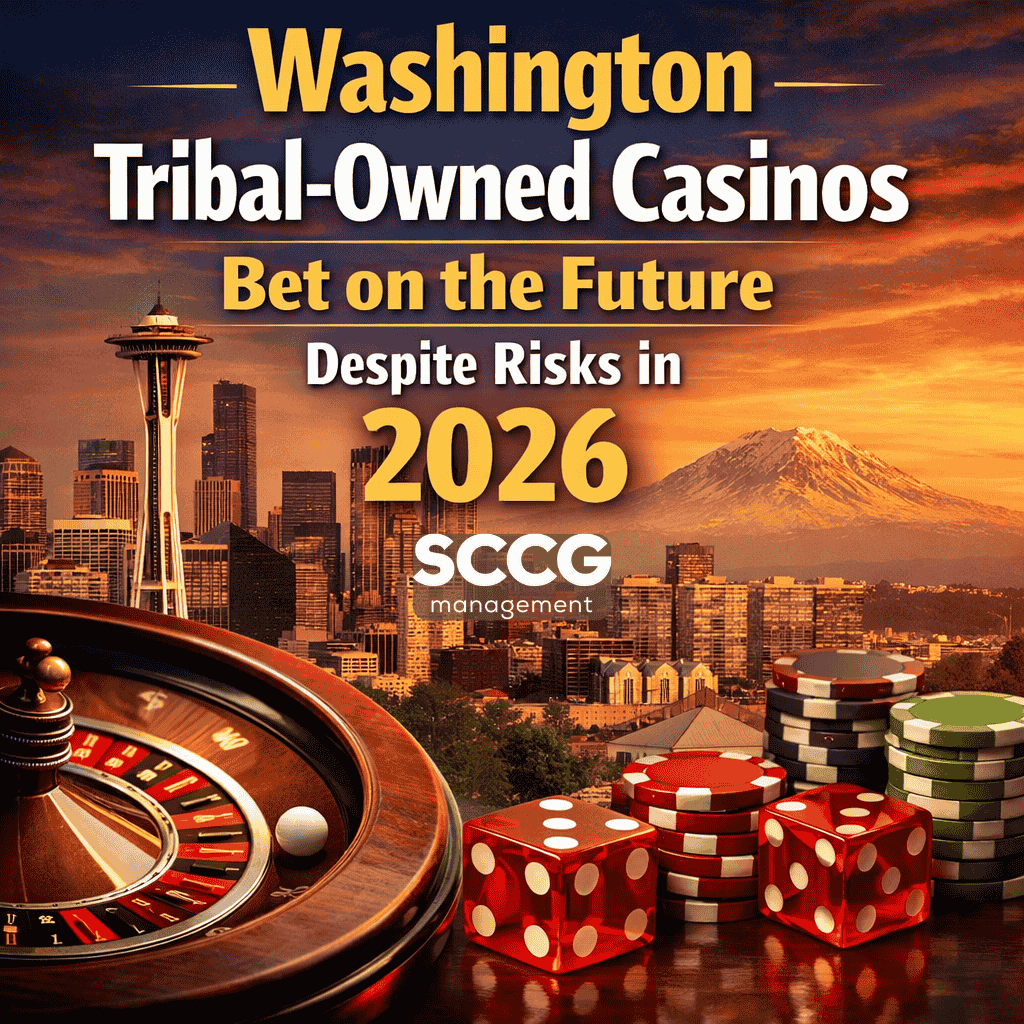 Square cover image for an article titled "Washington Tribal-Owned Casinos Bet on the Future Despite Risks in 2026," featuring a roulette wheel, poker chips, and dice in the foreground with Seattle’s skyline and Mount Rainier at sunset in the background.
