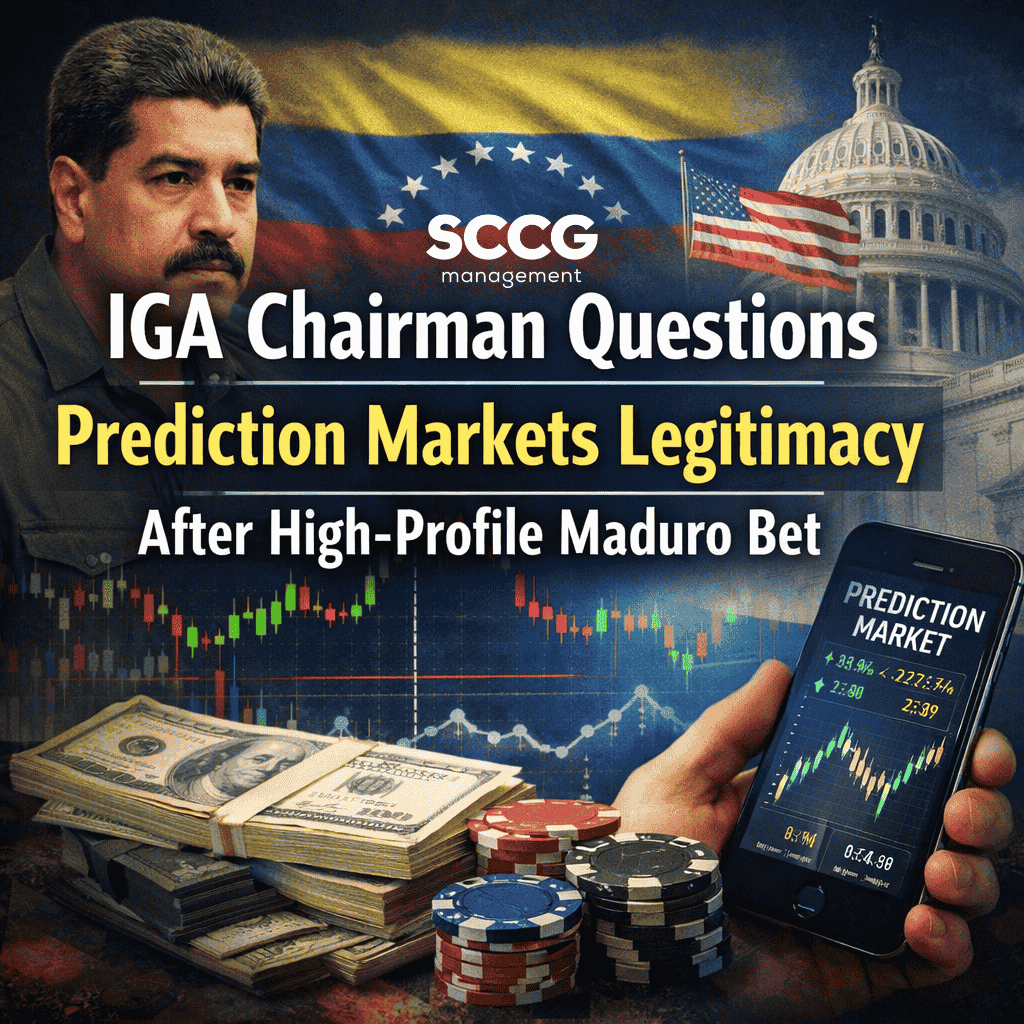 Square cover image featuring Nicolás Maduro in front of the Venezuelan flag and the U.S. Capitol, with stacks of cash, poker chips, and a smartphone displaying a prediction market chart. The title reads: "IGA Chairman Questions Prediction Markets Legitimacy After High‑Profile Maduro Bet."