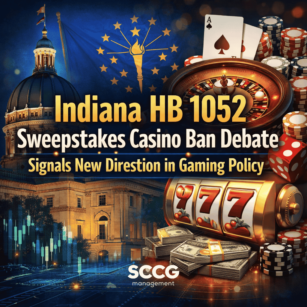 Square cover image showing the Indiana Statehouse alongside casino imagery, including a roulette wheel, poker chips, and a slot machine, with the headline “Indiana HB 1052 Sweepstakes Casino Ban Debate Signals New Direction in Gaming Policy.”