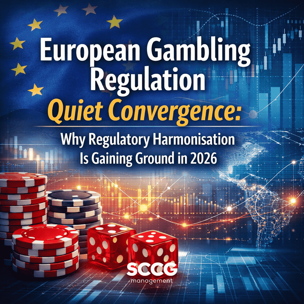 Square digital image illustrating European gambling regulation quiet convergence. The design features stacks of poker chips, red dice, a digital map, graphs, and EU stars with the article title overlaid: "European Gambling Regulation Quiet Convergence: Why Regulatory Harmonisation Is Gaining Ground in 2026."