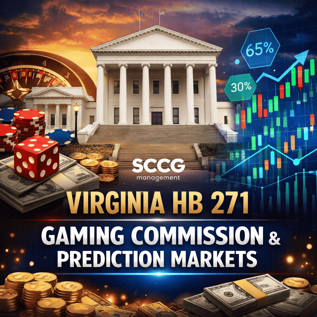 Square cover image showing the Virginia State Capitol with gambling elements like dice, poker chips, and roulette on the left, and financial/prediction market charts on the right. Text overlay reads Virginia HB 271 Gaming Commission & Prediction Markets.