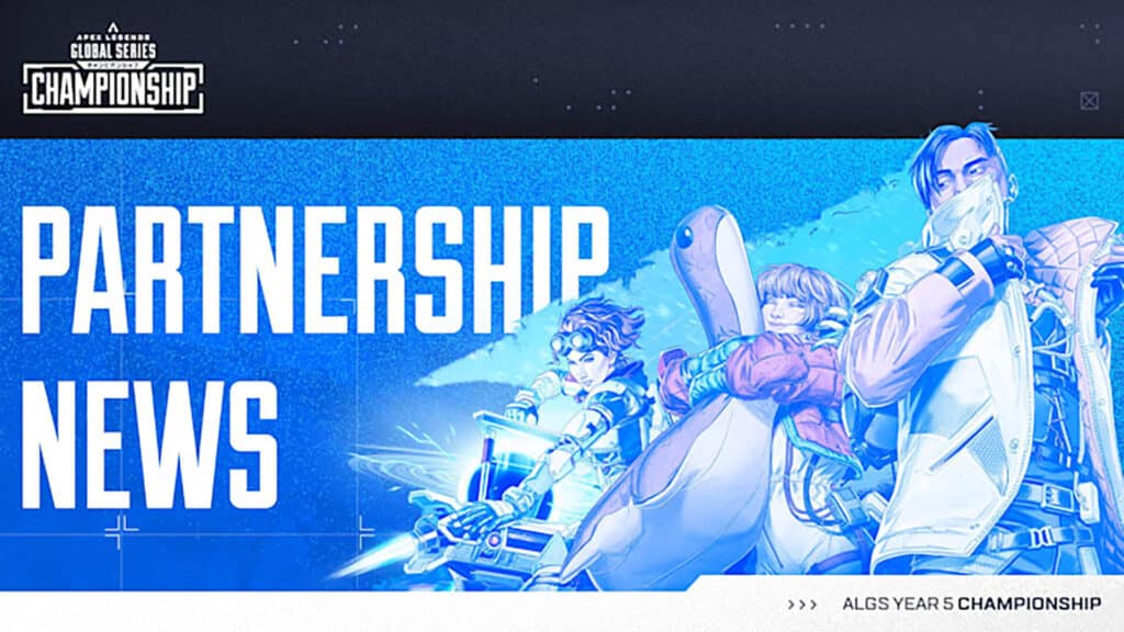 Image of Apex Legends characters on a light and dark blue background next to white text
