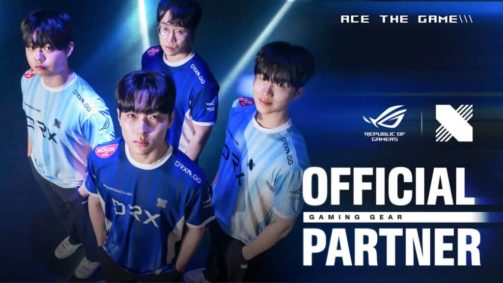 Image of DRX players posing while wearing white and blue jerseys. The ASUS ROG and DRX logos are on the right of the image above white text