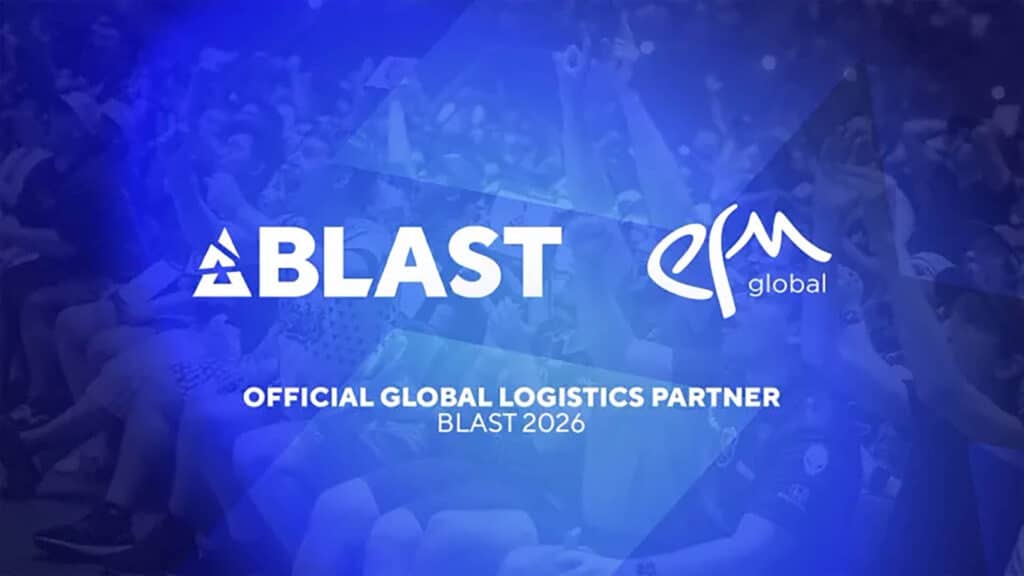 Image of BLAST and EFM Global logos on a light blue background of an esports tournament stage