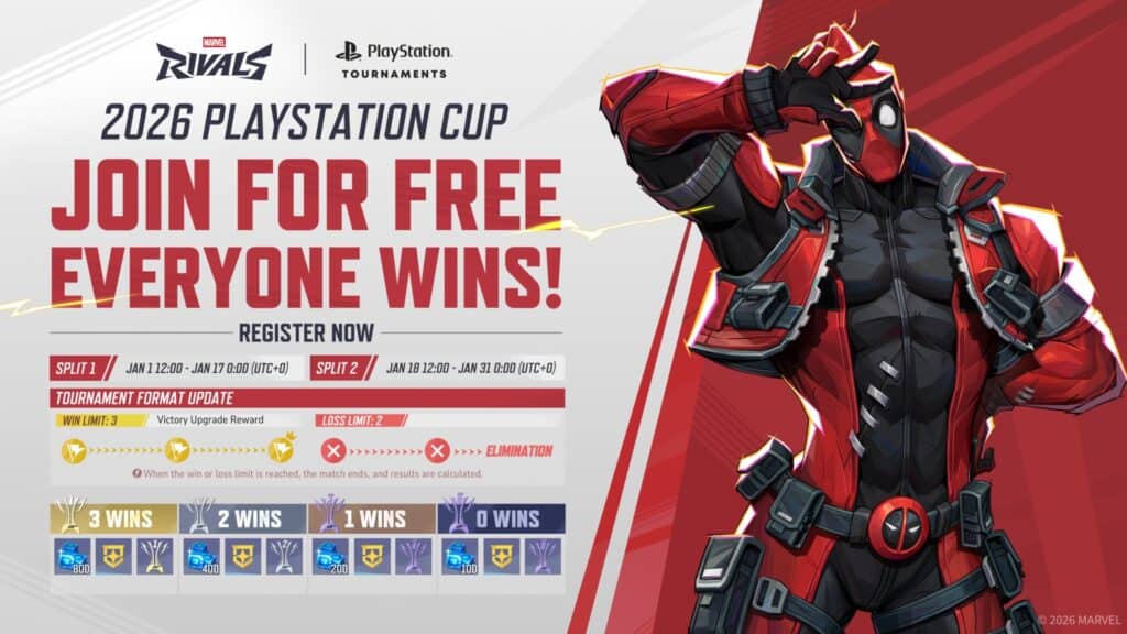 Marvel Rivals 2026 PlayStation Cup format, schedule and prize infographic featuring Deadpool