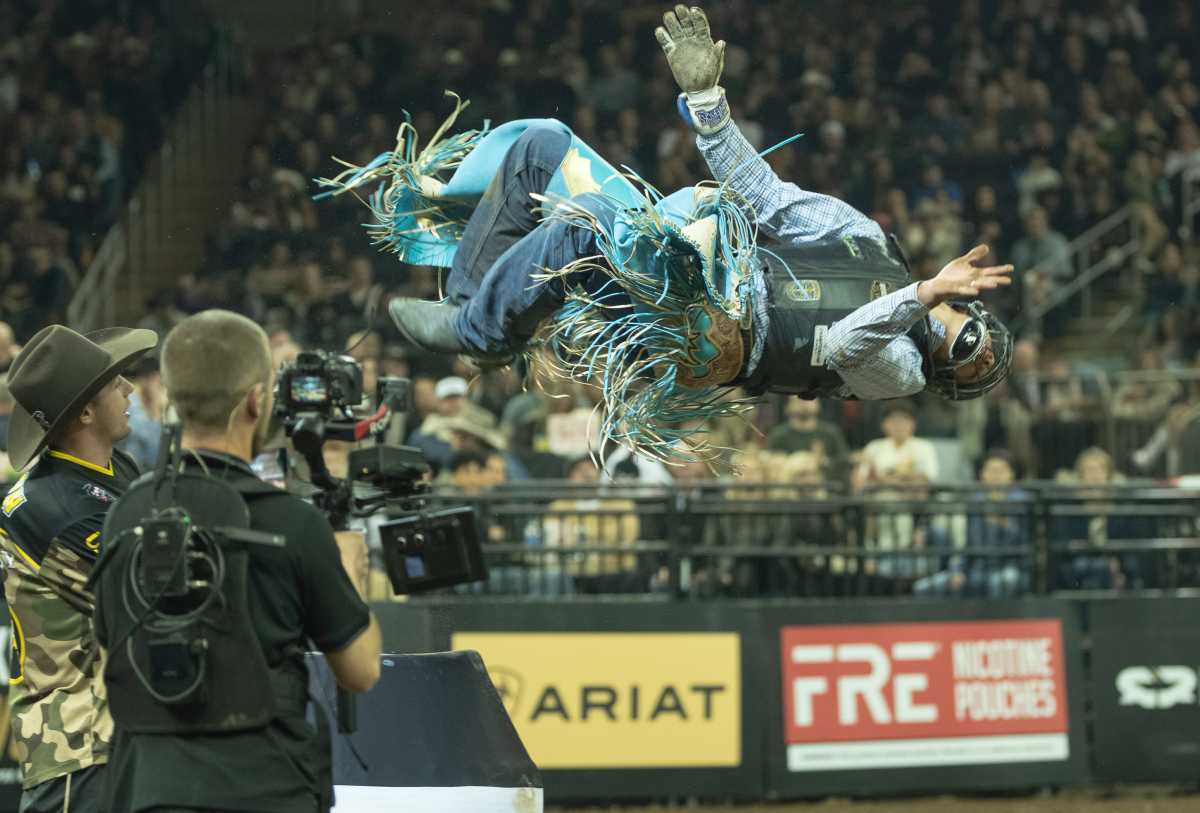 PHOTOS: Professional Bull Riding takes over MSG for three-day sold-out buck-off 6 Julio Cesar of the New York Mavericks does a backflip after scoring high during the PBR Buck Off at the Garden on January 10.