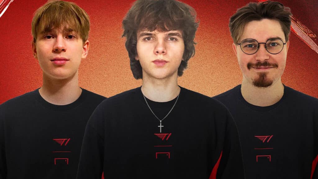 Image of T1 Forntite roster standing with hands behind back wearing black T1 T-shirts on a red and orange background