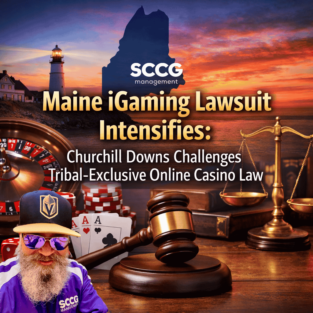 Square cover image for an article titled “Maine iGaming Lawsuit Intensifies: Churchill Downs Challenges Tribal‑Exclusive Online Casino Law,” showing a Maine coastline silhouette, casino elements like poker chips, dice, and a roulette wheel, and a gavel and scales of justice representing the legal challenge.