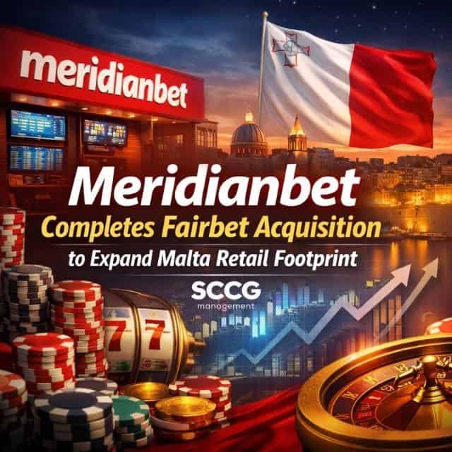 Square cover image for an article titled "Meridianbet Completes Fairbet Acquisition to Expand Malta Retail Footprint," featuring casino elements, sports betting icons, and Malta-themed visuals with bold, readable typography.