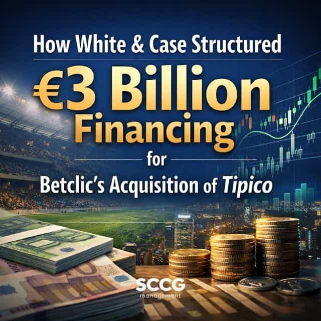 Professional square image featuring the title "How White & Case Structured €3 Billion Financing for Betclic’s Acquisition of Tipico" with abstract financial charts and subtle gaming motifs in a clean, modern design.