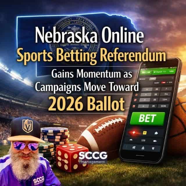 Square cover image reading “Nebraska Online Sports Betting Referendum Gains Momentum as Campaigns Move Toward 2026 Ballot,” featuring a stadium backdrop, smartphone betting app, football, and casino chips over an outline of Nebraska.