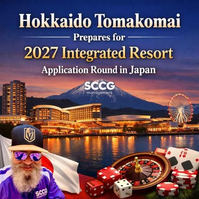 Square cover image showing a modern integrated resort in Hokkaido Tomakomai at twilight, with a Ferris wheel, hotel buildings, a casino roulette, dice, poker chips, playing cards, Mount Yotei in the background, and the Japanese flag in the foreground. The article title "Hokkaido Tomakomai Prepares for 2027 Integrated Resort Application Round in Japan" is prominently displayed.