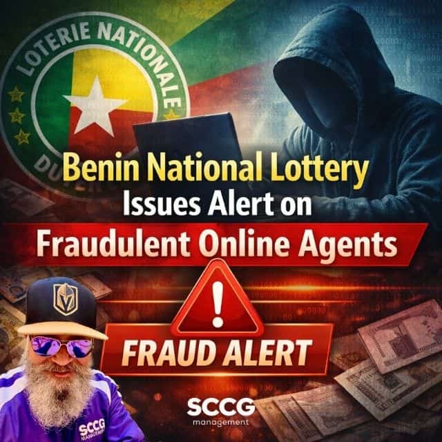 A hooded figure sits at a laptop with Benin National Lottery logo in the background. Red warning triangle labeled “FRAUD ALERT” overlays scattered banknotes, illustrating the risk of fraudulent online agents.