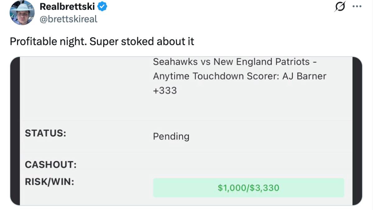 image of the real brettski bet slip, which although he lost a massive super bowl bet on new england but did win an anytime touchdown bet on AJ Barner.